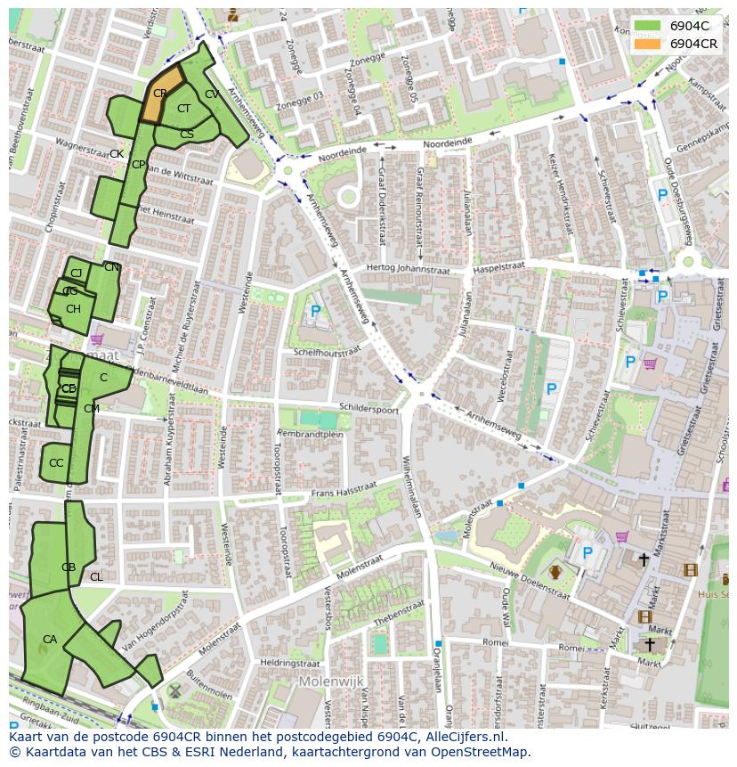 Afbeelding van het postcodegebied 6904 CR op de kaart.