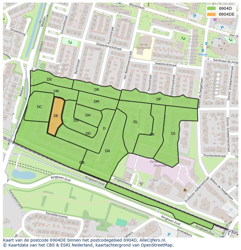 Afbeelding van het postcodegebied 6904 DE op de kaart.