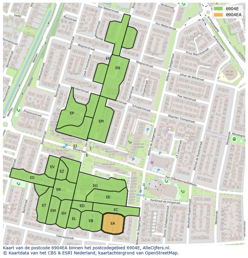Afbeelding van het postcodegebied 6904 EA op de kaart.