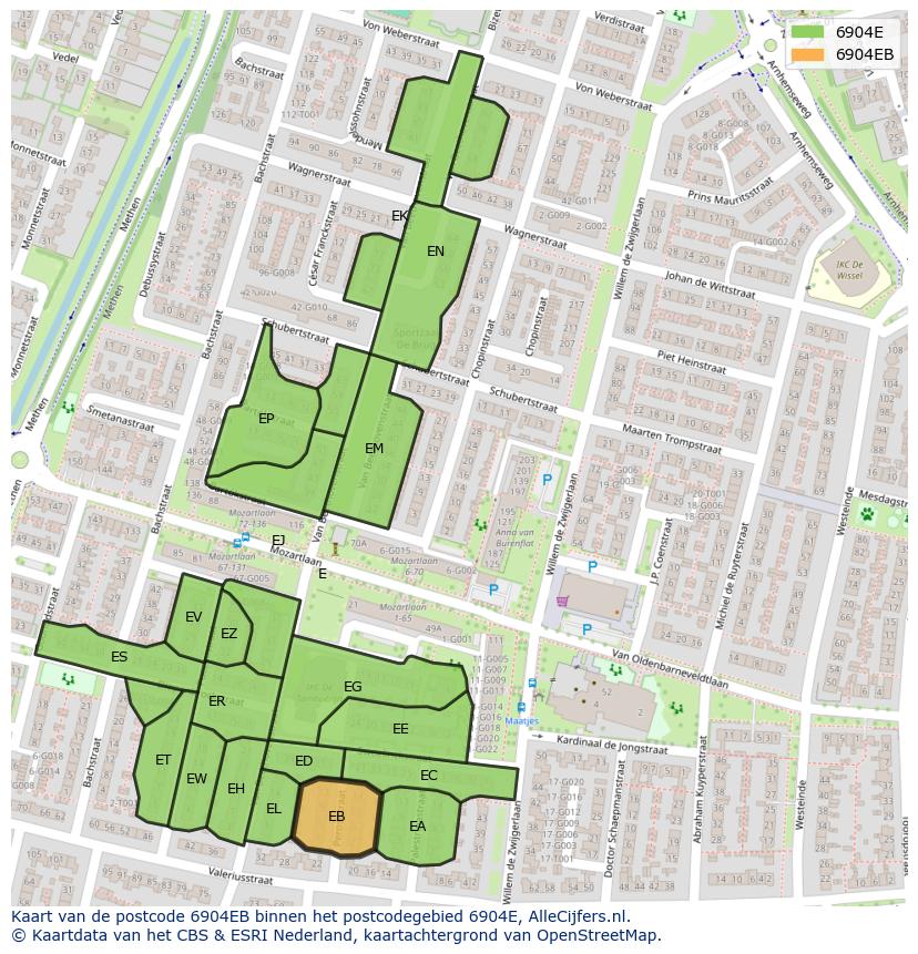 Afbeelding van het postcodegebied 6904 EB op de kaart.