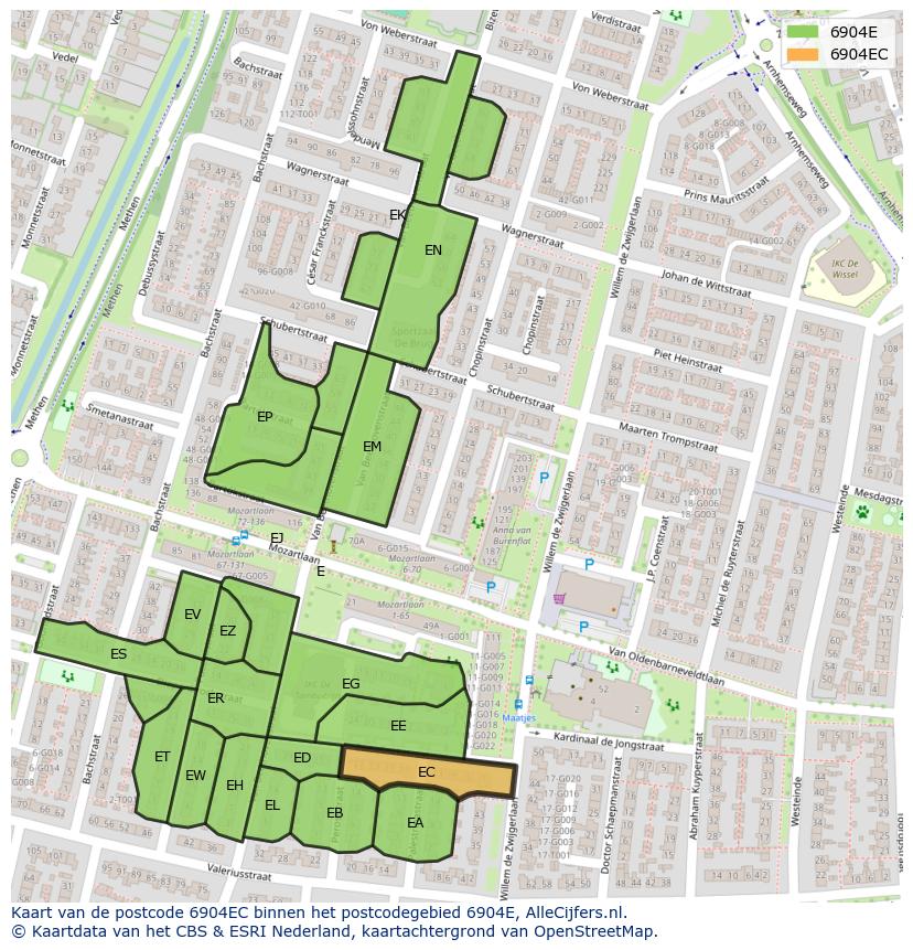 Afbeelding van het postcodegebied 6904 EC op de kaart.