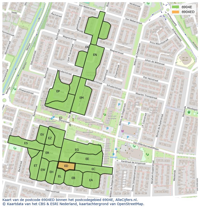 Afbeelding van het postcodegebied 6904 ED op de kaart.