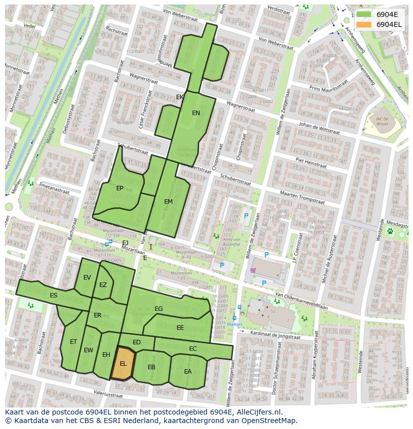 Afbeelding van het postcodegebied 6904 EL op de kaart.