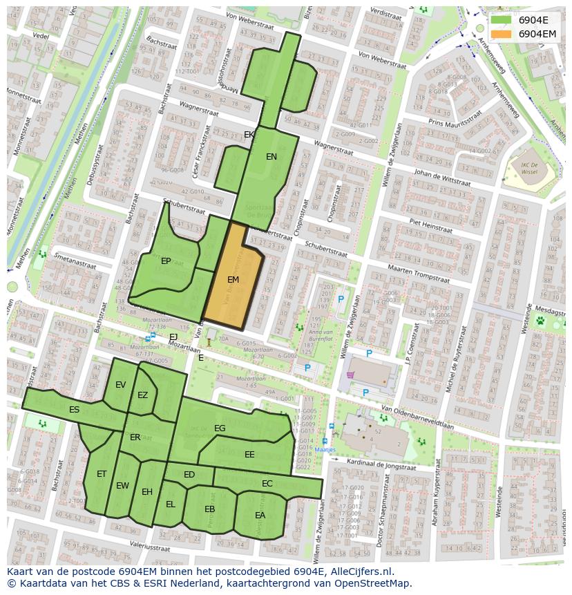 Afbeelding van het postcodegebied 6904 EM op de kaart.