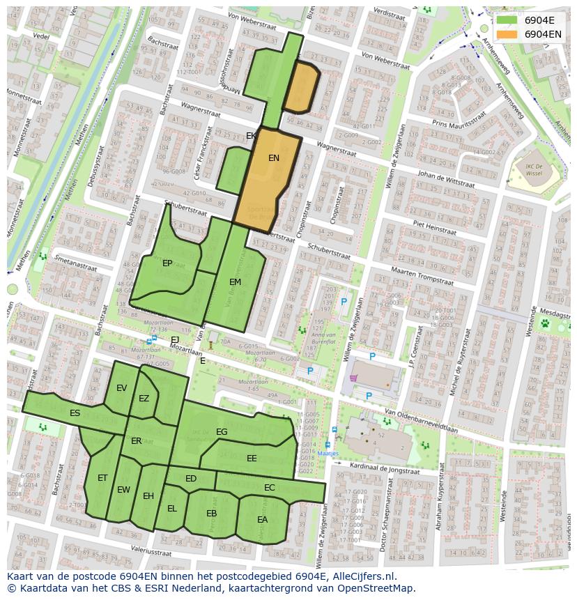 Afbeelding van het postcodegebied 6904 EN op de kaart.