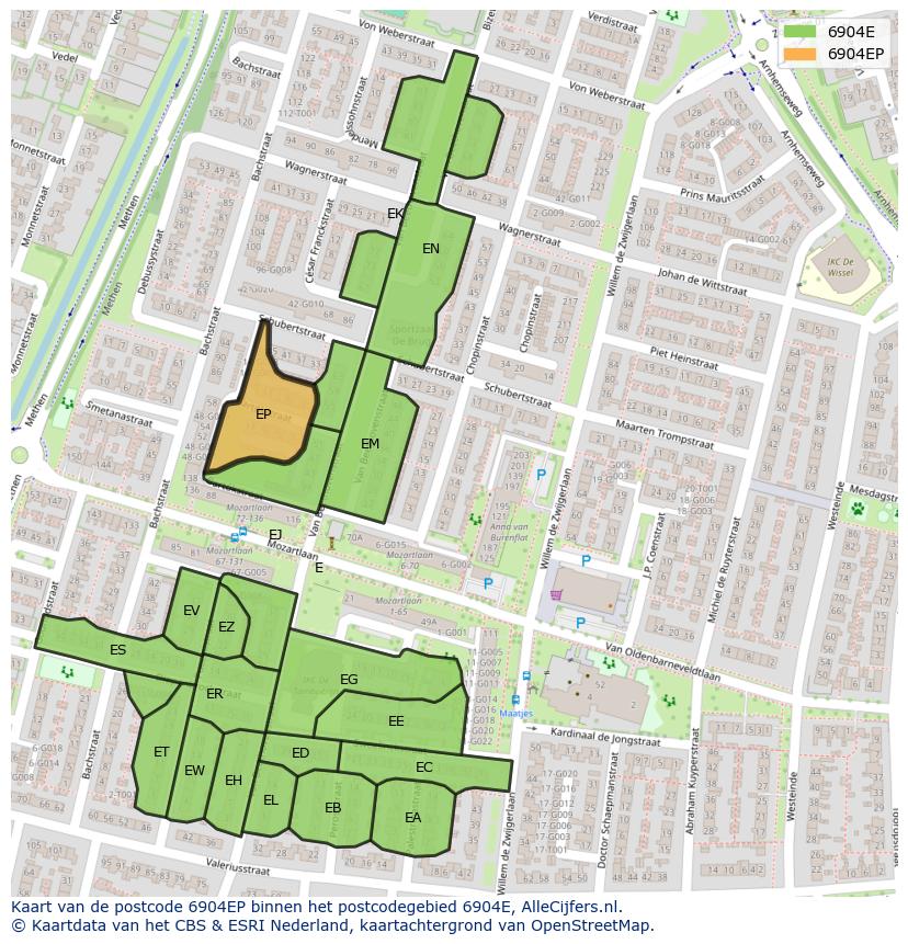 Afbeelding van het postcodegebied 6904 EP op de kaart.