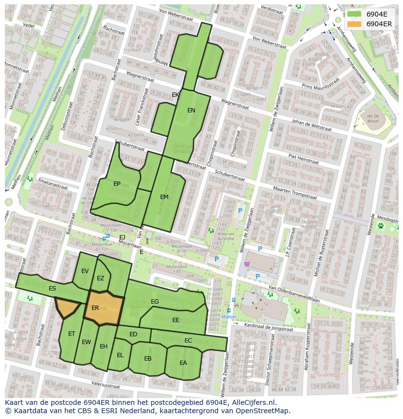 Afbeelding van het postcodegebied 6904 ER op de kaart.