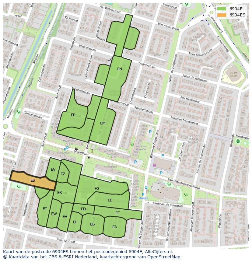 Afbeelding van het postcodegebied 6904 ES op de kaart.