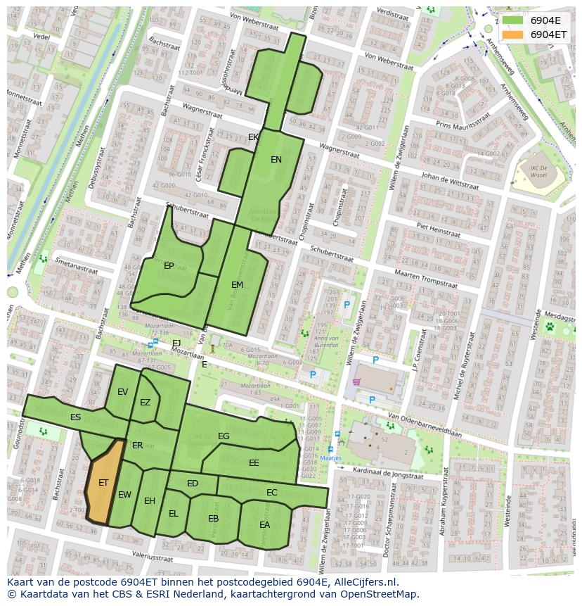 Afbeelding van het postcodegebied 6904 ET op de kaart.
