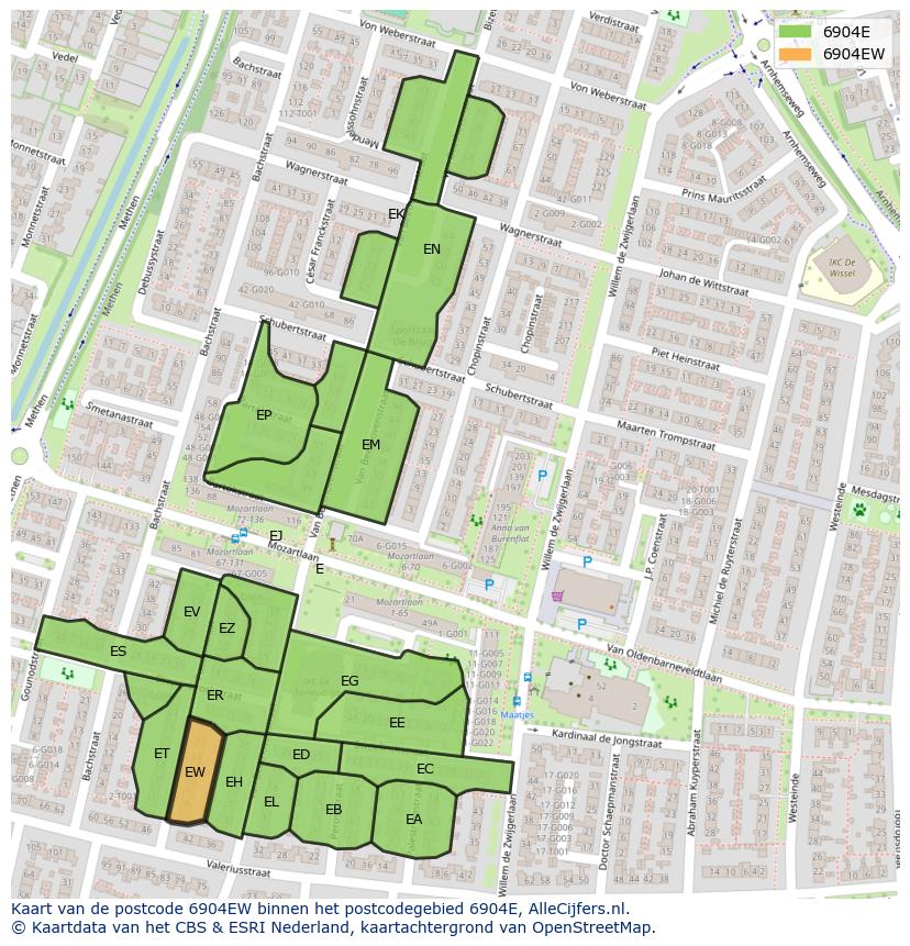 Afbeelding van het postcodegebied 6904 EW op de kaart.