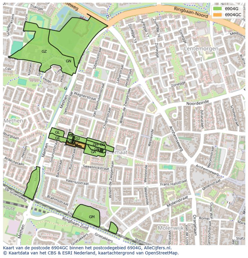 Afbeelding van het postcodegebied 6904 GC op de kaart.
