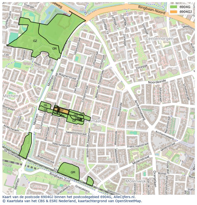 Afbeelding van het postcodegebied 6904 GJ op de kaart.