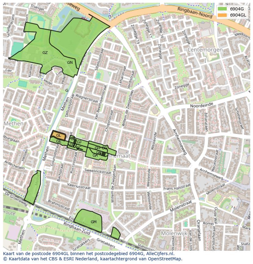 Afbeelding van het postcodegebied 6904 GL op de kaart.