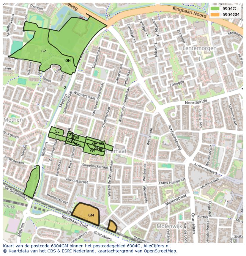 Afbeelding van het postcodegebied 6904 GM op de kaart.