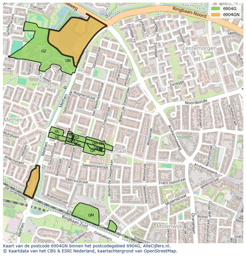 Afbeelding van het postcodegebied 6904 GN op de kaart.