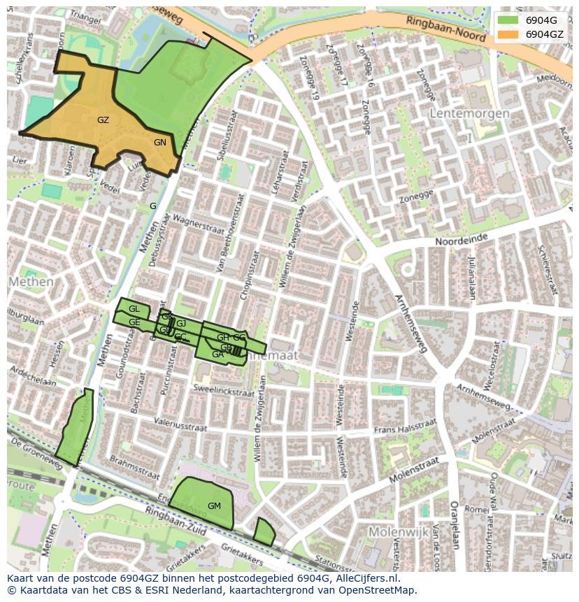Afbeelding van het postcodegebied 6904 GZ op de kaart.