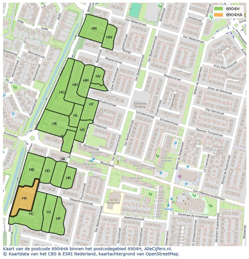 Afbeelding van het postcodegebied 6904 HA op de kaart.
