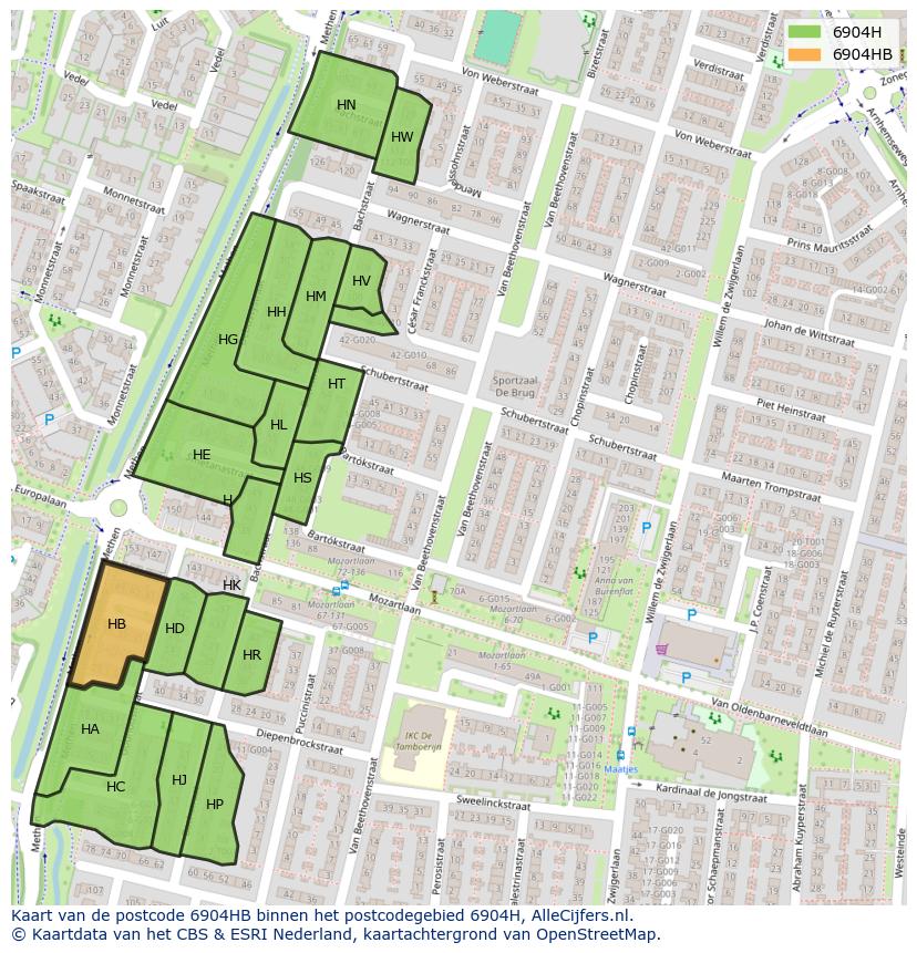 Afbeelding van het postcodegebied 6904 HB op de kaart.