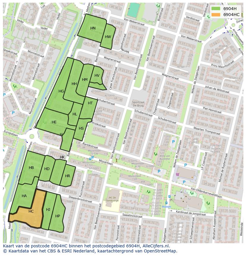 Afbeelding van het postcodegebied 6904 HC op de kaart.