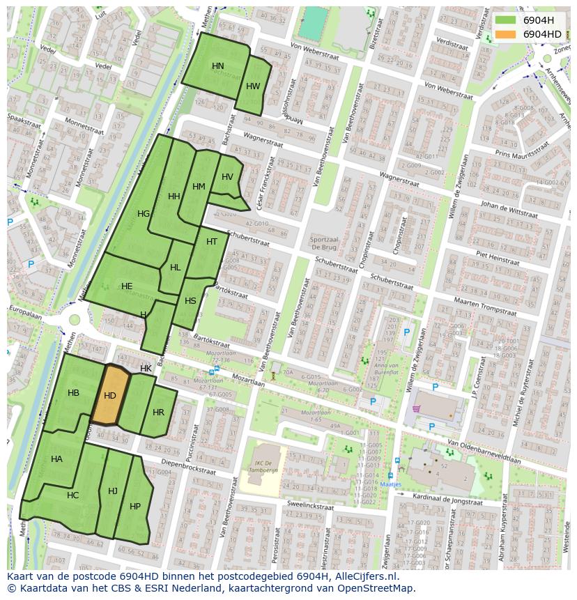 Afbeelding van het postcodegebied 6904 HD op de kaart.