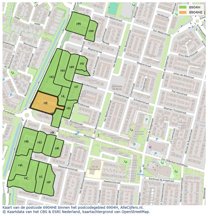 Afbeelding van het postcodegebied 6904 HE op de kaart.