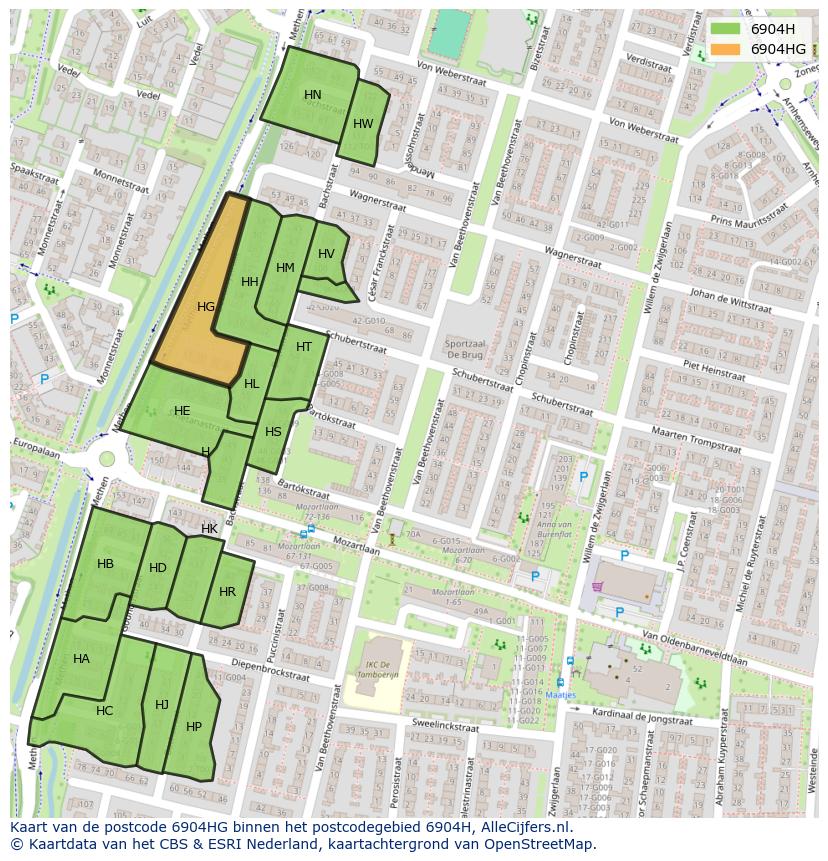 Afbeelding van het postcodegebied 6904 HG op de kaart.