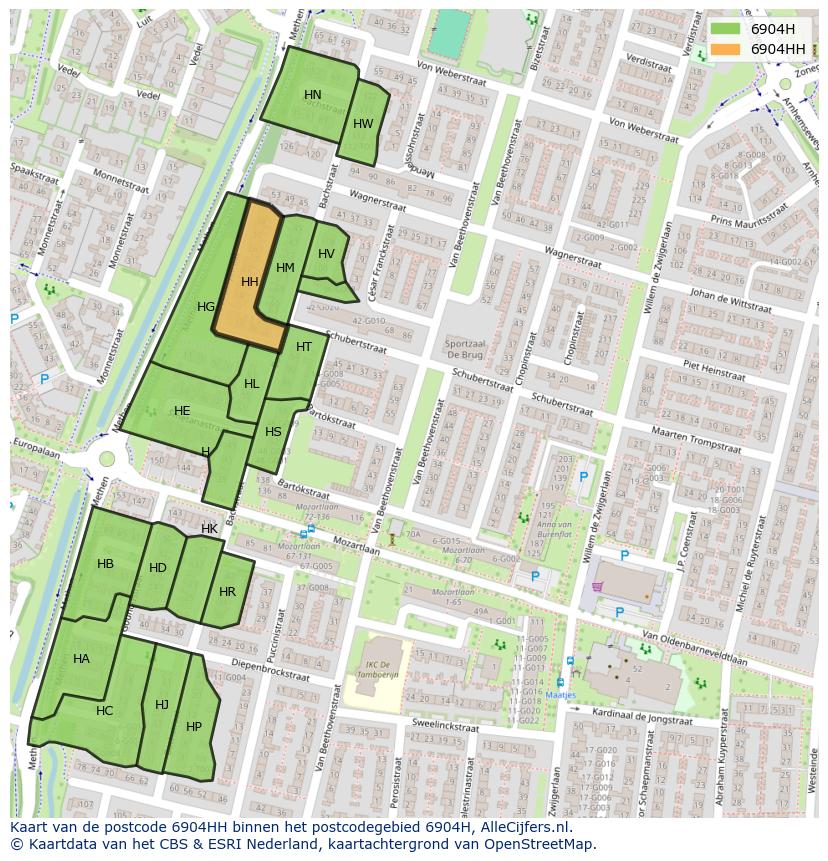 Afbeelding van het postcodegebied 6904 HH op de kaart.