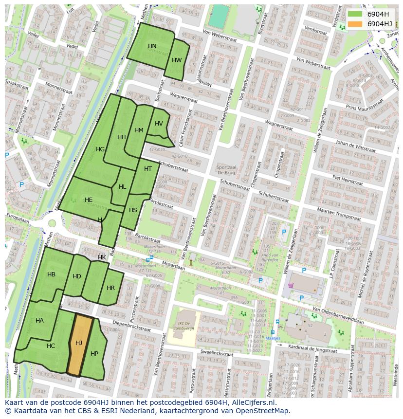 Afbeelding van het postcodegebied 6904 HJ op de kaart.