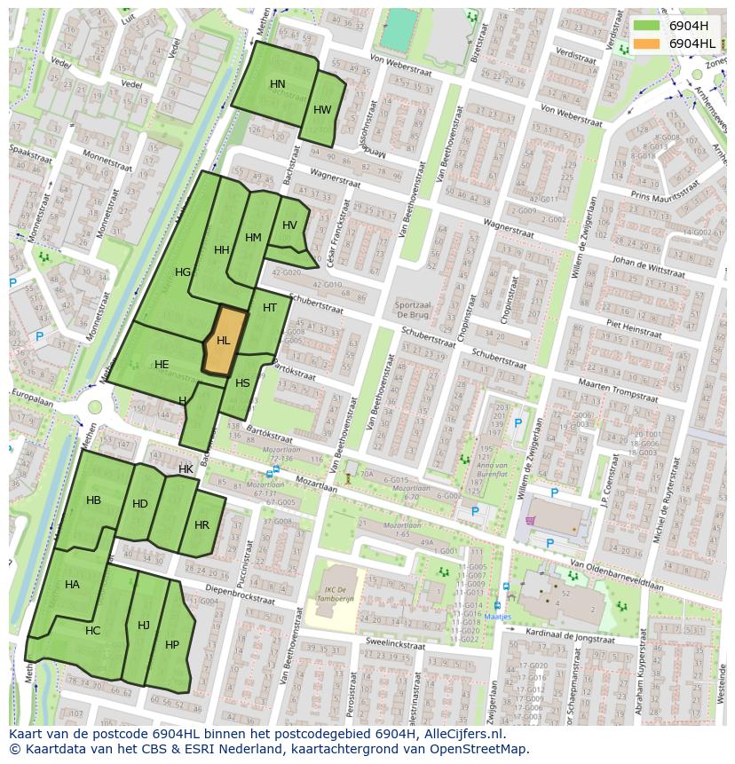 Afbeelding van het postcodegebied 6904 HL op de kaart.