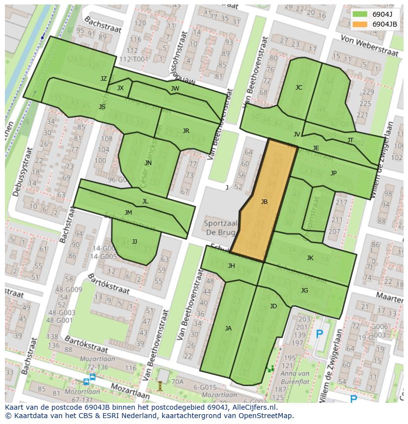 Afbeelding van het postcodegebied 6904 JB op de kaart.
