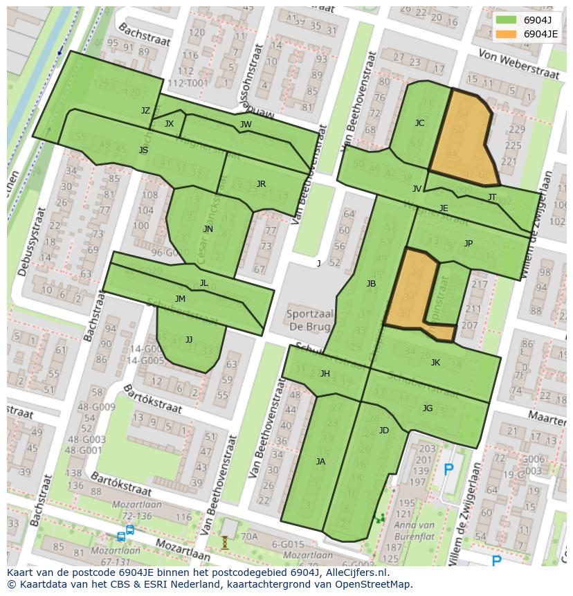 Afbeelding van het postcodegebied 6904 JE op de kaart.