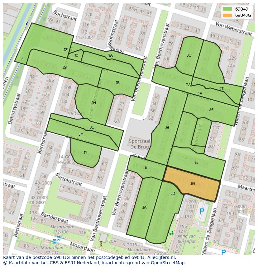 Afbeelding van het postcodegebied 6904 JG op de kaart.