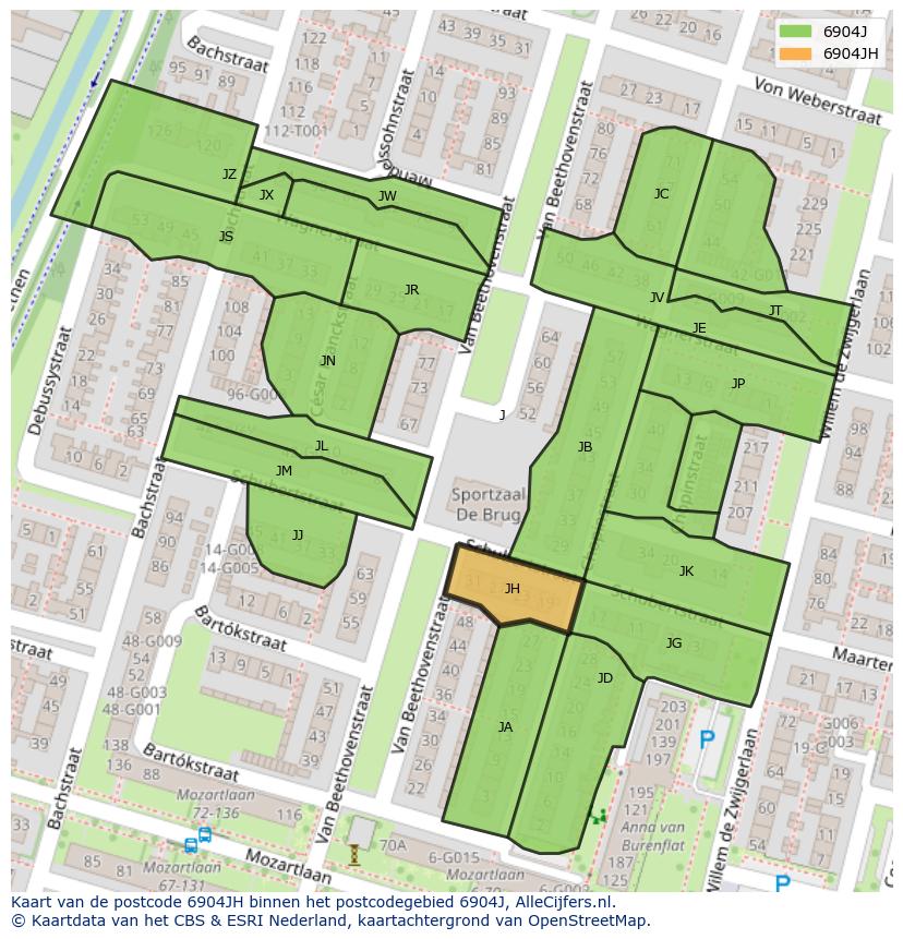 Afbeelding van het postcodegebied 6904 JH op de kaart.