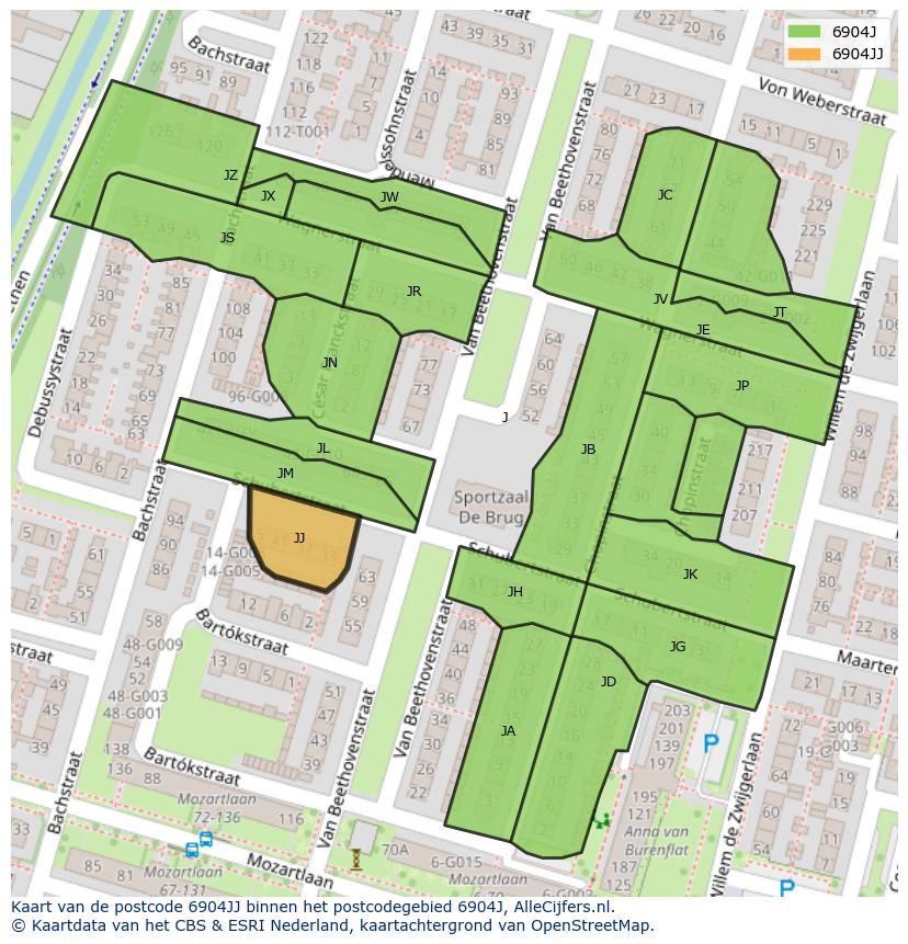 Afbeelding van het postcodegebied 6904 JJ op de kaart.
