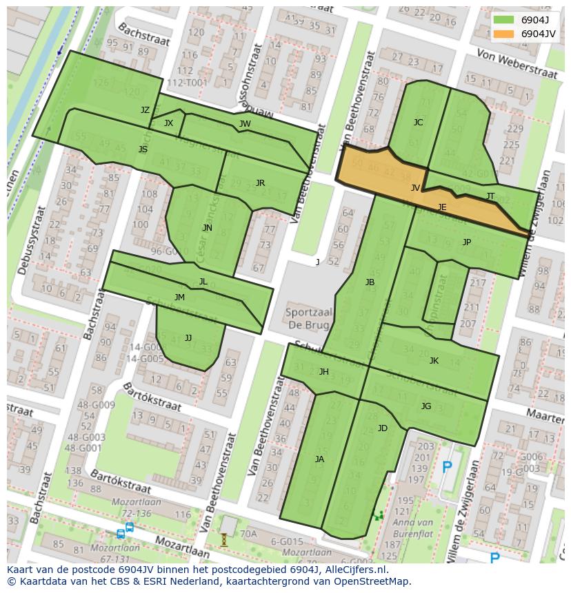 Afbeelding van het postcodegebied 6904 JV op de kaart.
