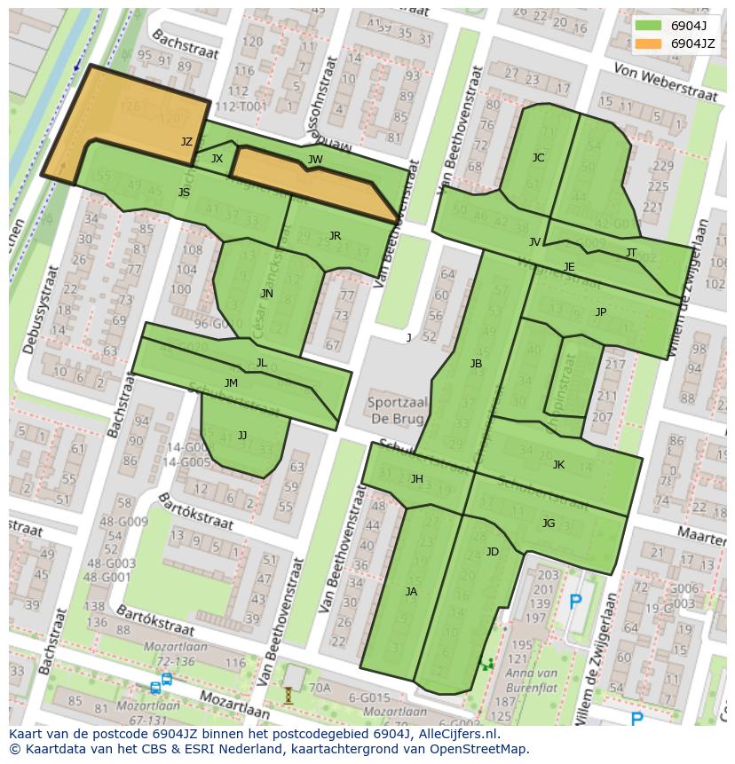 Afbeelding van het postcodegebied 6904 JZ op de kaart.