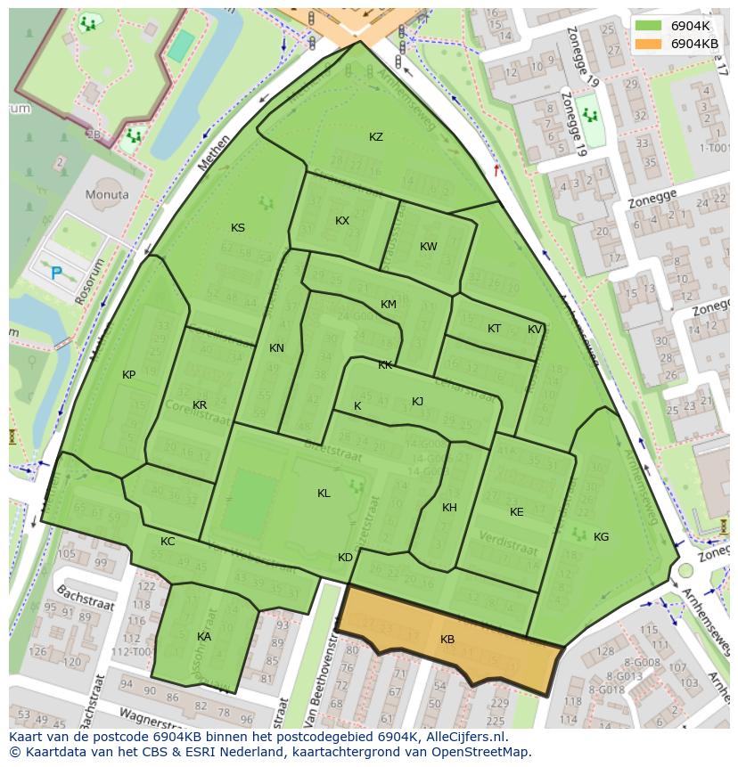 Afbeelding van het postcodegebied 6904 KB op de kaart.