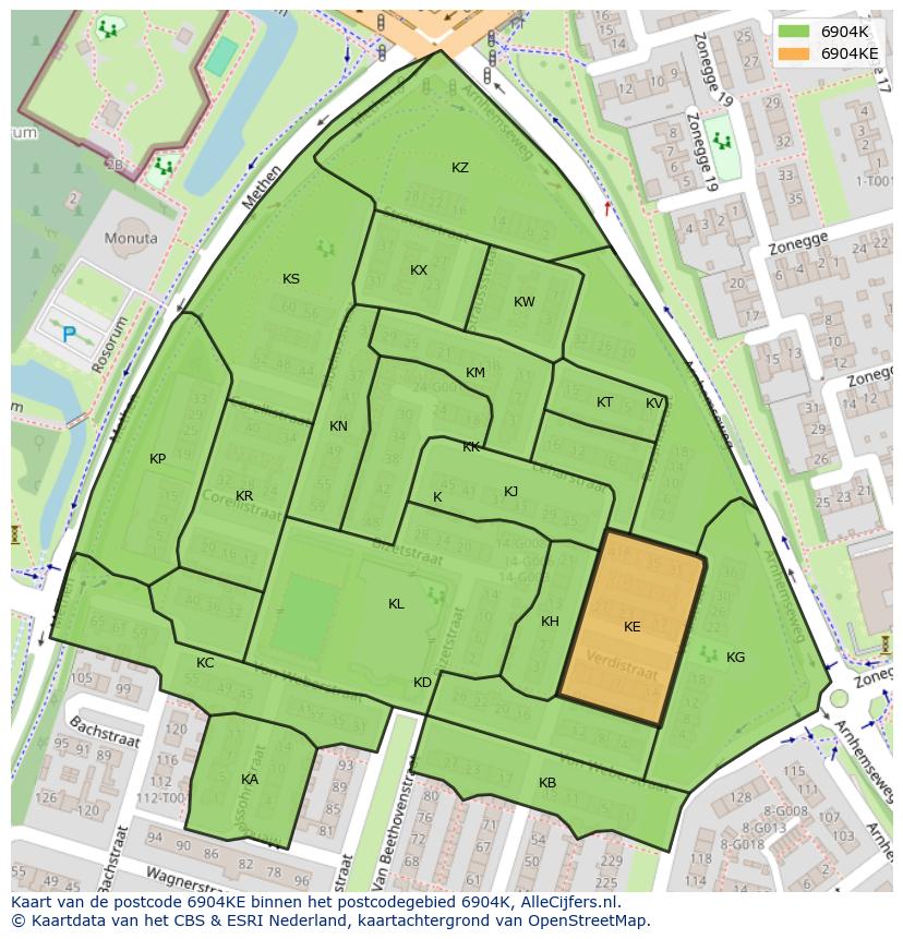 Afbeelding van het postcodegebied 6904 KE op de kaart.