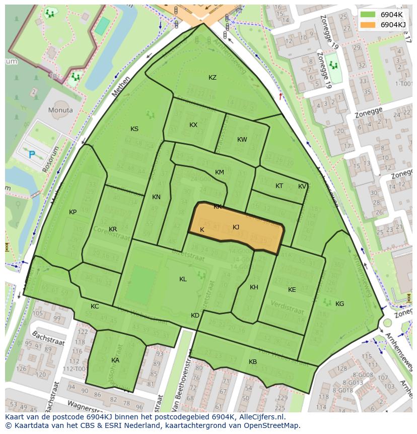 Afbeelding van het postcodegebied 6904 KJ op de kaart.