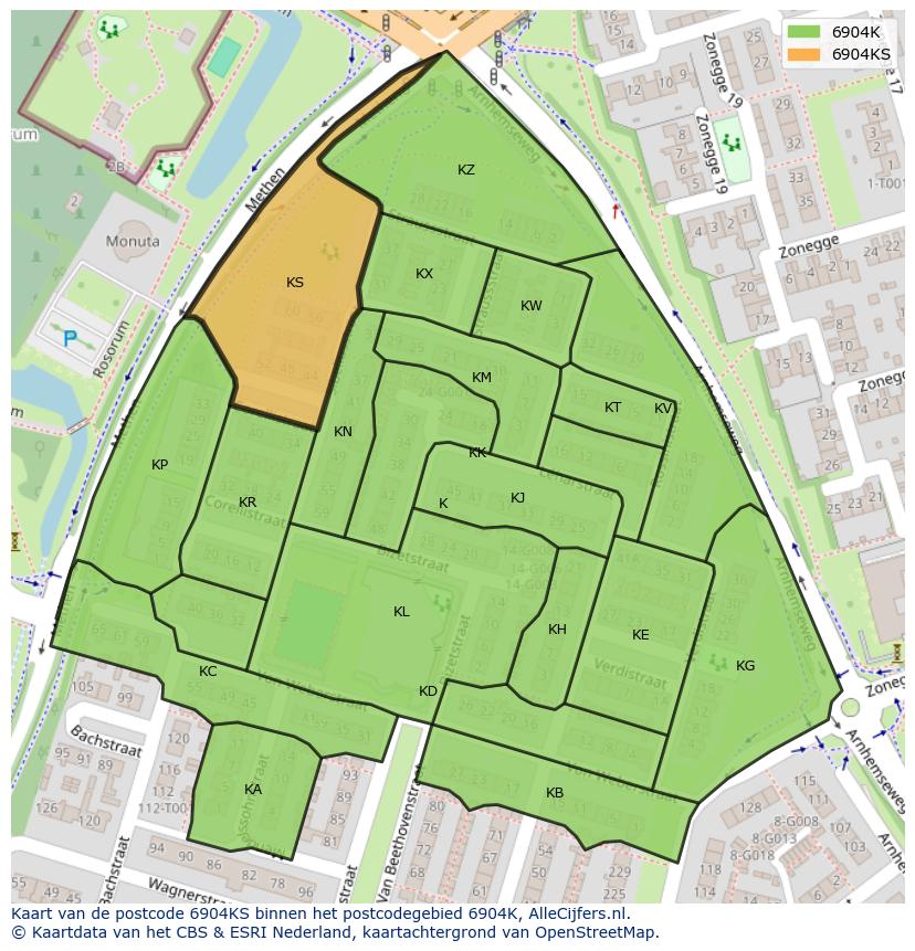 Afbeelding van het postcodegebied 6904 KS op de kaart.
