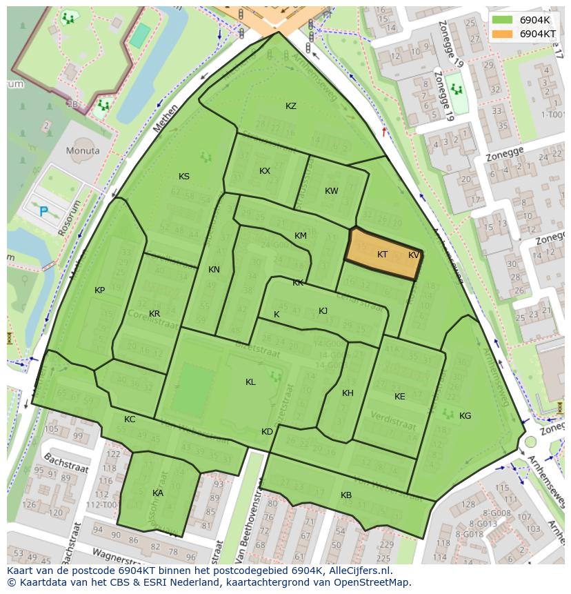 Afbeelding van het postcodegebied 6904 KT op de kaart.