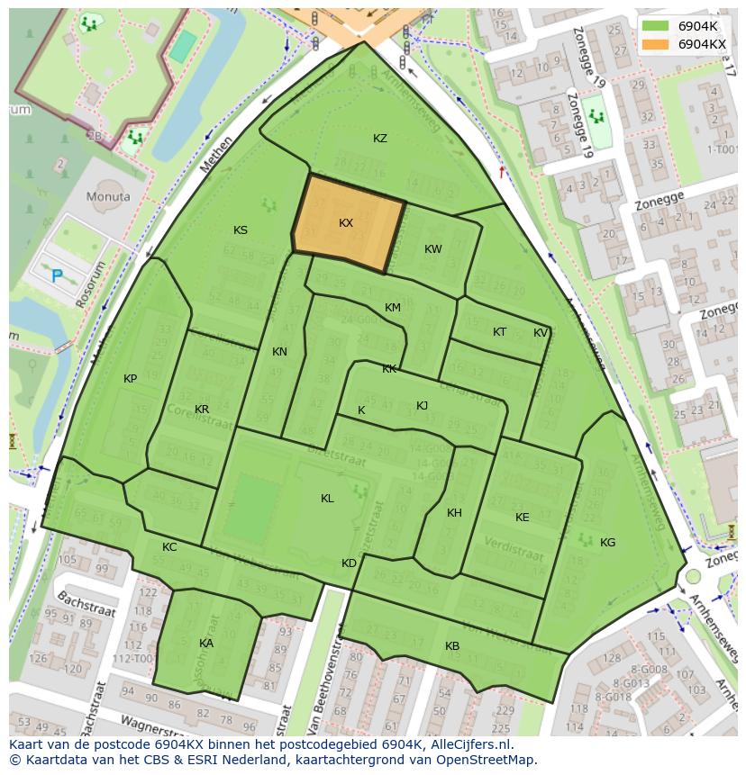Afbeelding van het postcodegebied 6904 KX op de kaart.