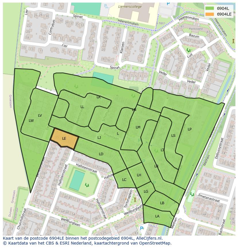 Afbeelding van het postcodegebied 6904 LE op de kaart.