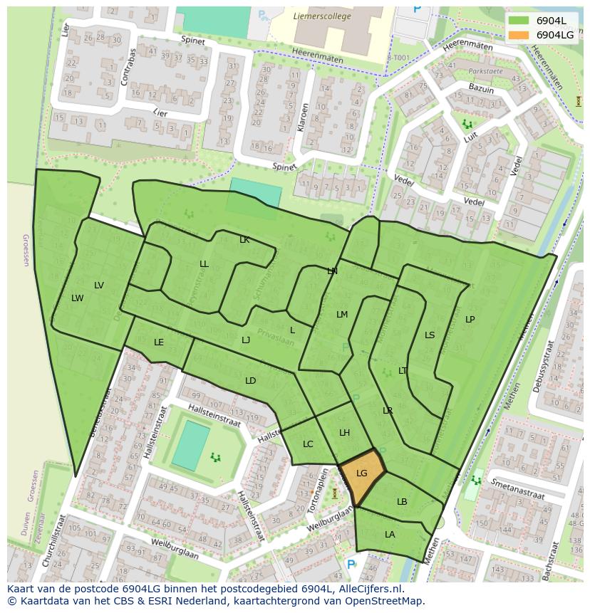 Afbeelding van het postcodegebied 6904 LG op de kaart.