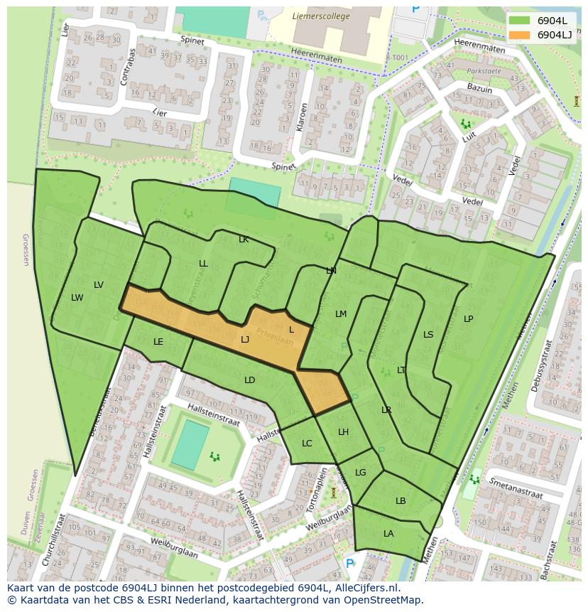 Afbeelding van het postcodegebied 6904 LJ op de kaart.