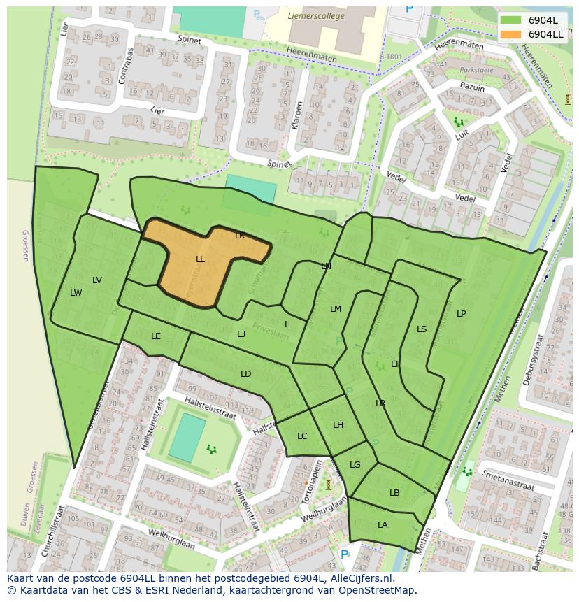 Afbeelding van het postcodegebied 6904 LL op de kaart.