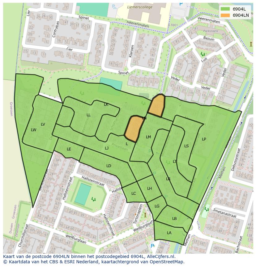 Afbeelding van het postcodegebied 6904 LN op de kaart.