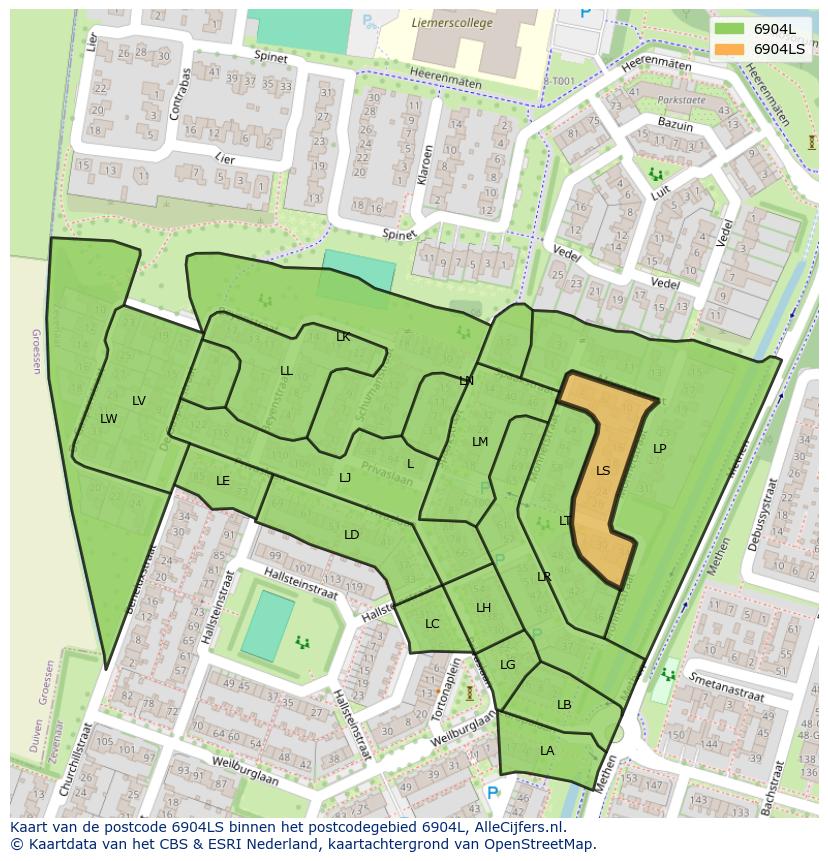 Afbeelding van het postcodegebied 6904 LS op de kaart.