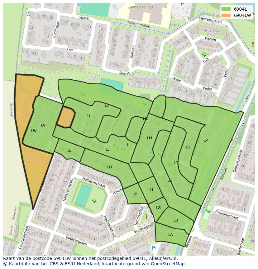 Afbeelding van het postcodegebied 6904 LW op de kaart.