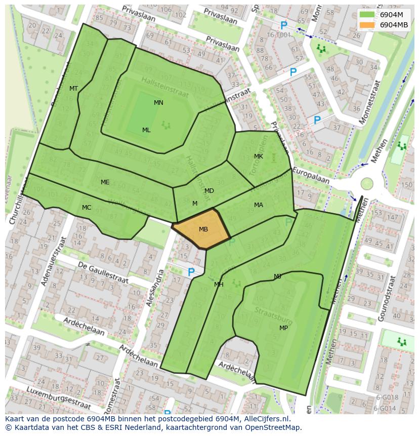 Afbeelding van het postcodegebied 6904 MB op de kaart.